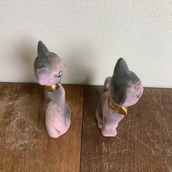 Pair (2) MCM Bisque Porcelain Pink‎ Siamese Cat Figurines Gold Rhinestones eyes - Picture 3 of 8